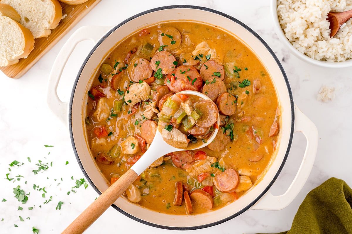 overhead shot of ladle in gumbo