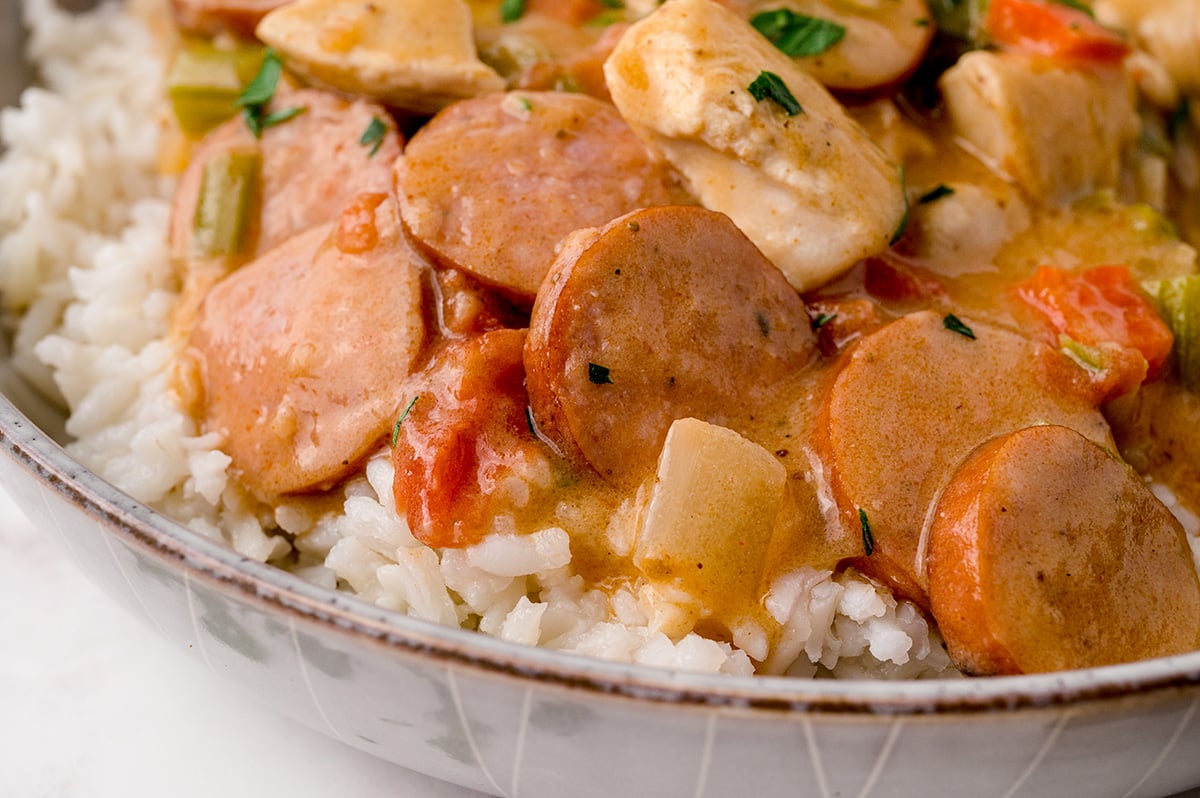 close up of gumbo over white rice 