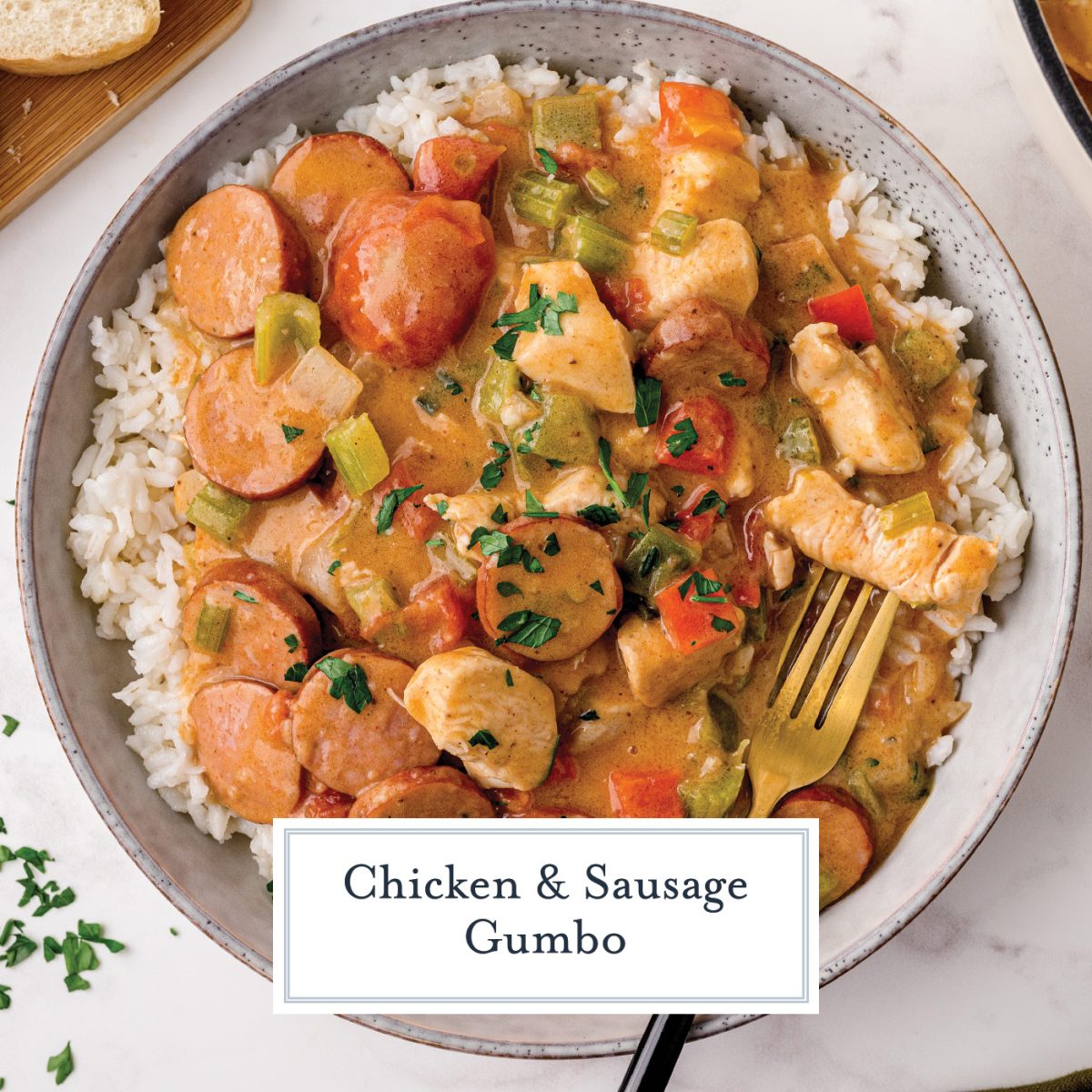 overhead close up of gumbo in a white bowl 