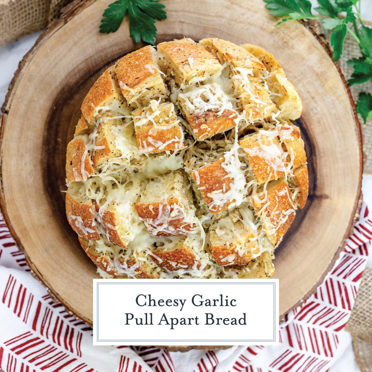 overhead of cheesy pull apart bread 