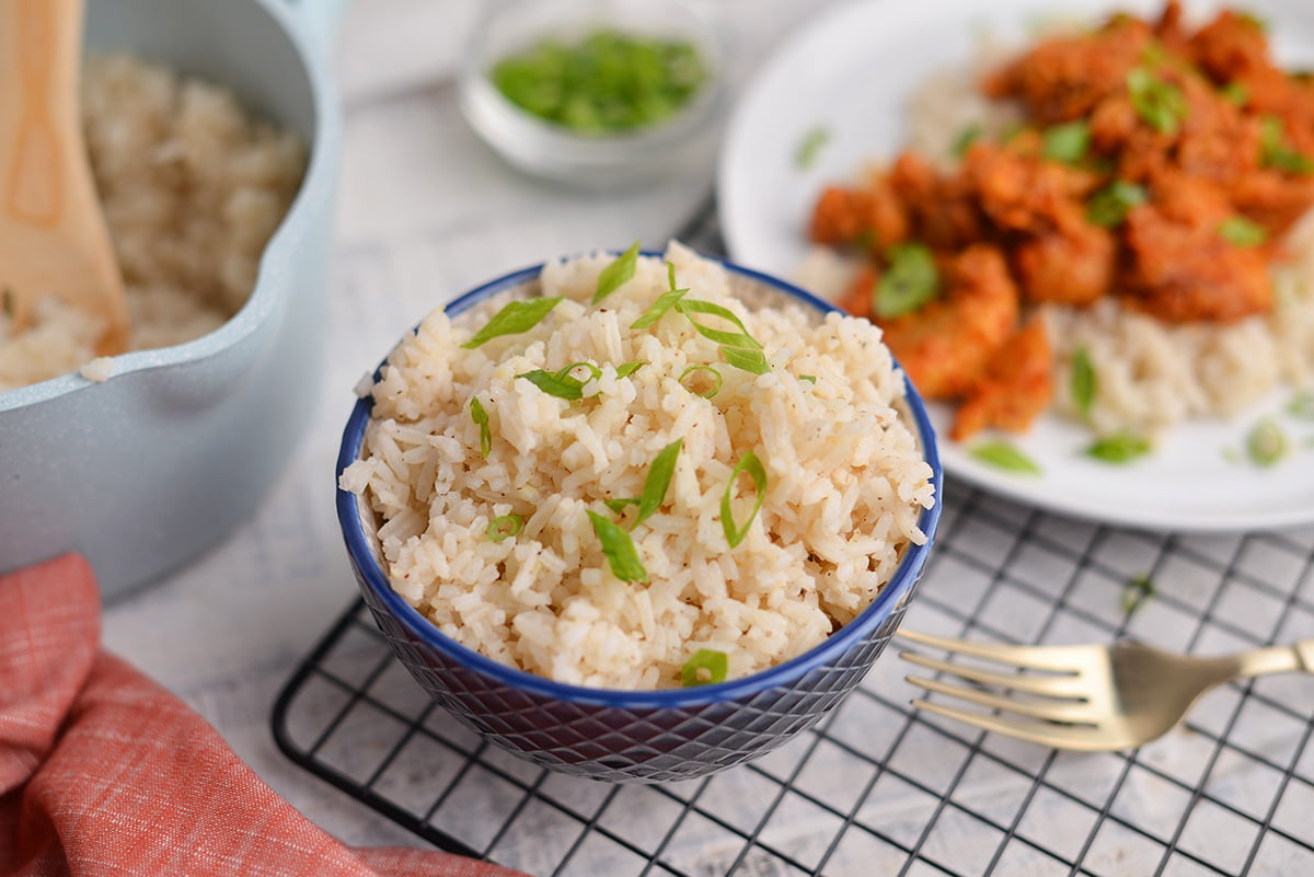 asian rice in a blue bowl 