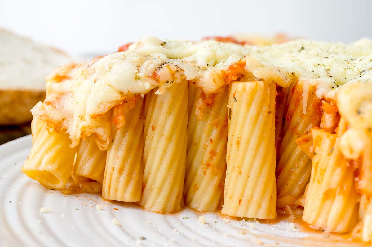 close up of rigatoni standing up straight 