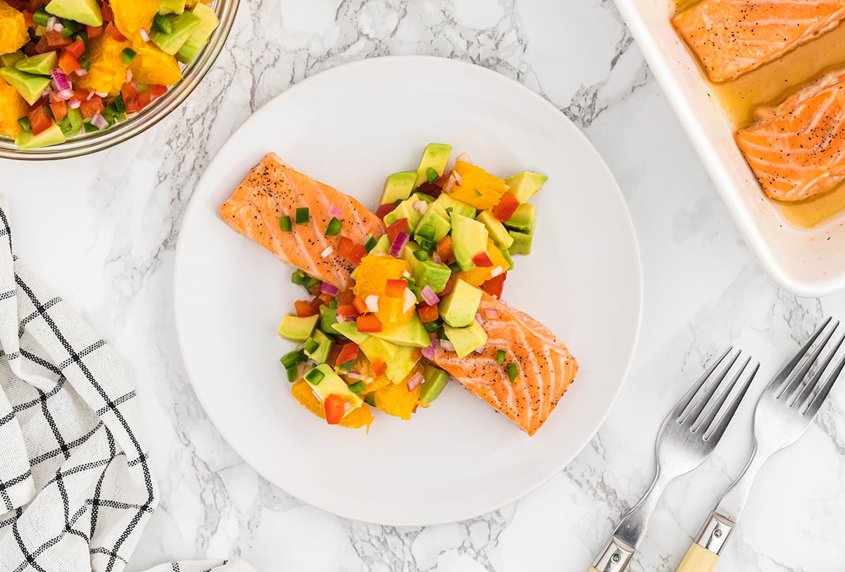 maple citrus salmon on a white plate