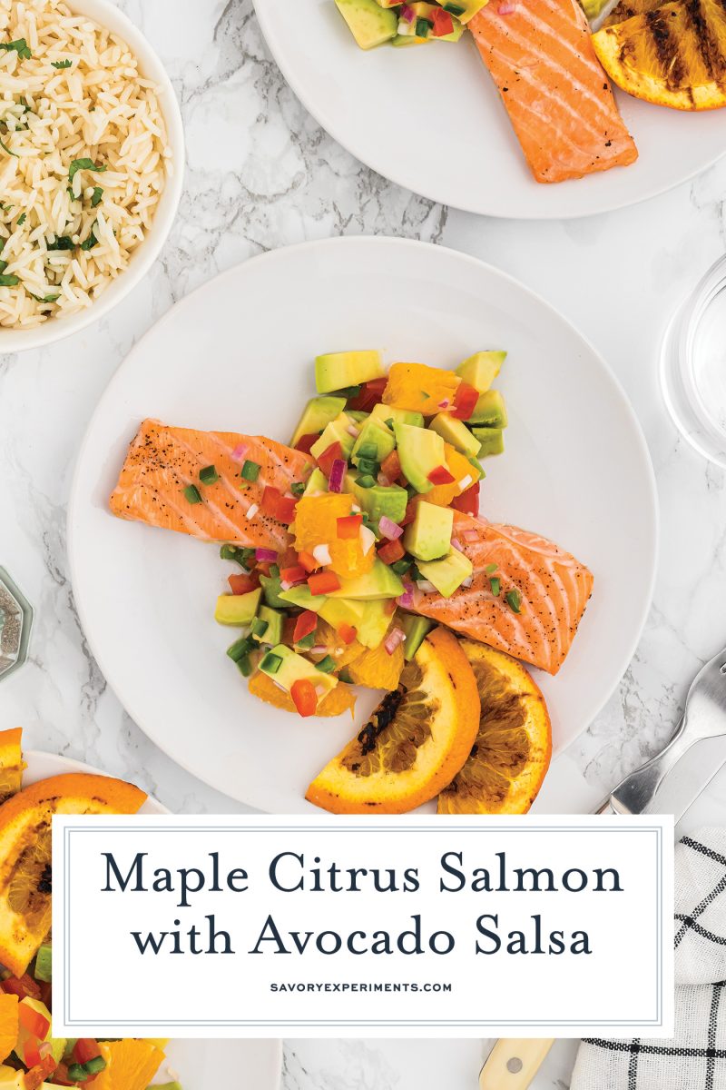overhead shot of citrus salmon with text overlay for pinterest