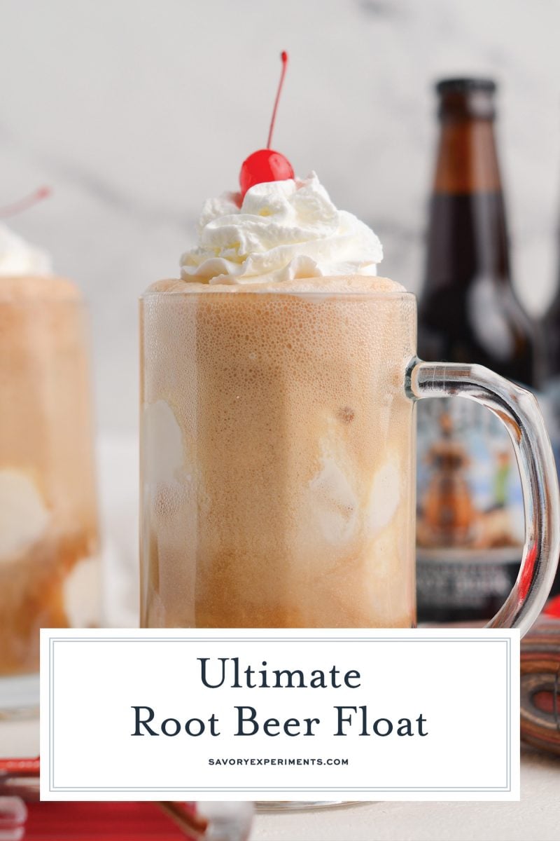 close up of a root beer float with a cherry and whipped cream 