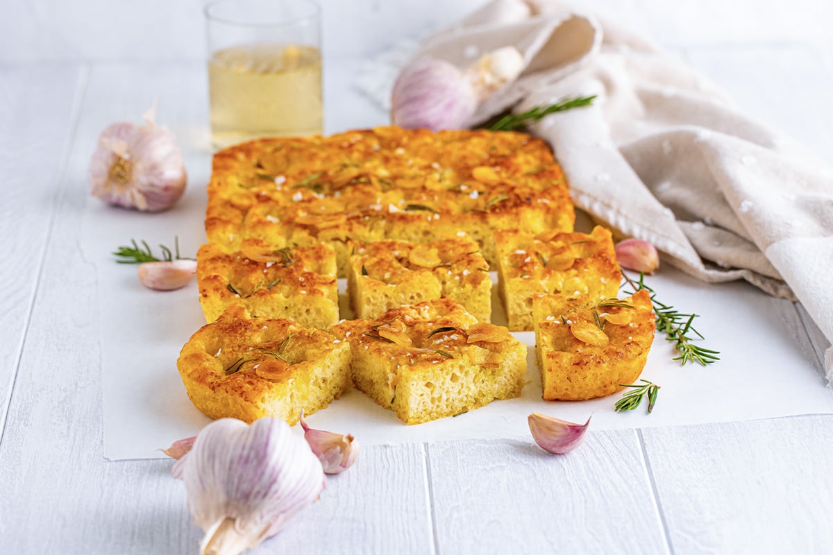 thick and chewy italian focaccia bread with rosemary 