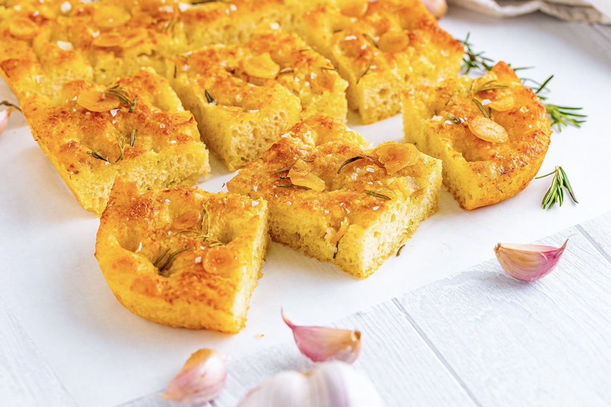 squares of focaccia bread on parchment 