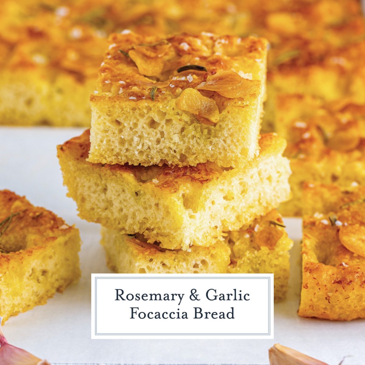 close up stack of focaccia bread with garlic 