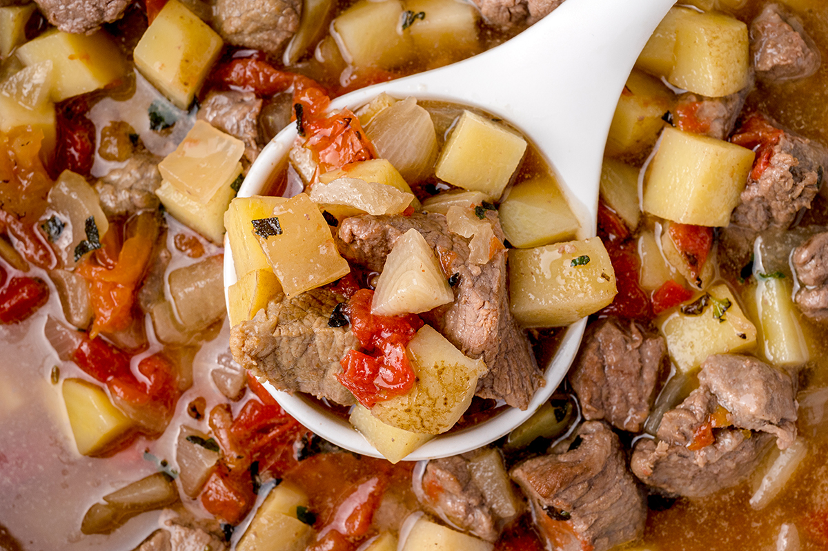 beef stew in a ladle