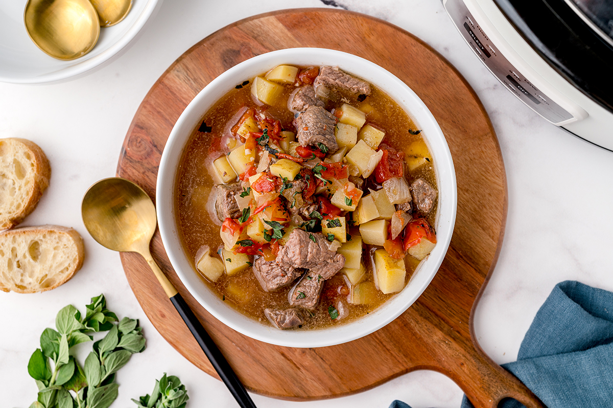 overhead shot of bowl of slow cooker beef stew