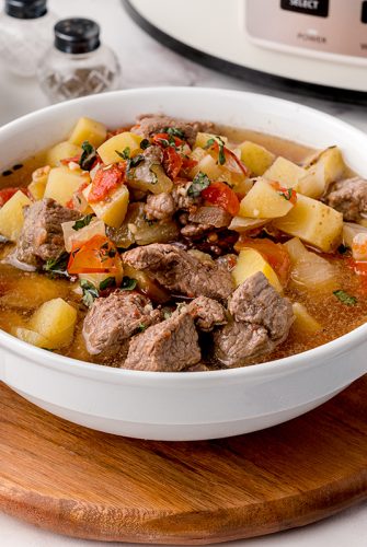 straight on shot of slow cooker beef stew