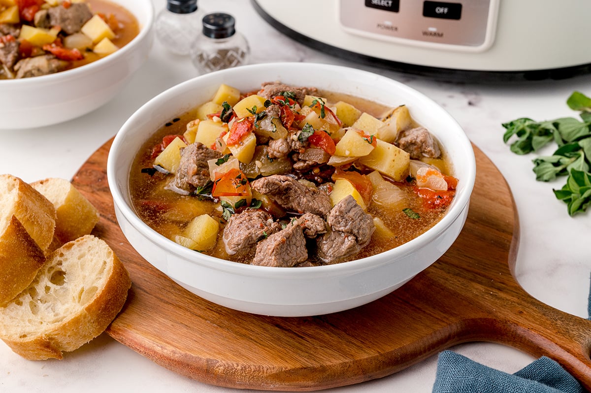 straight on shot of slow cooker beef stew