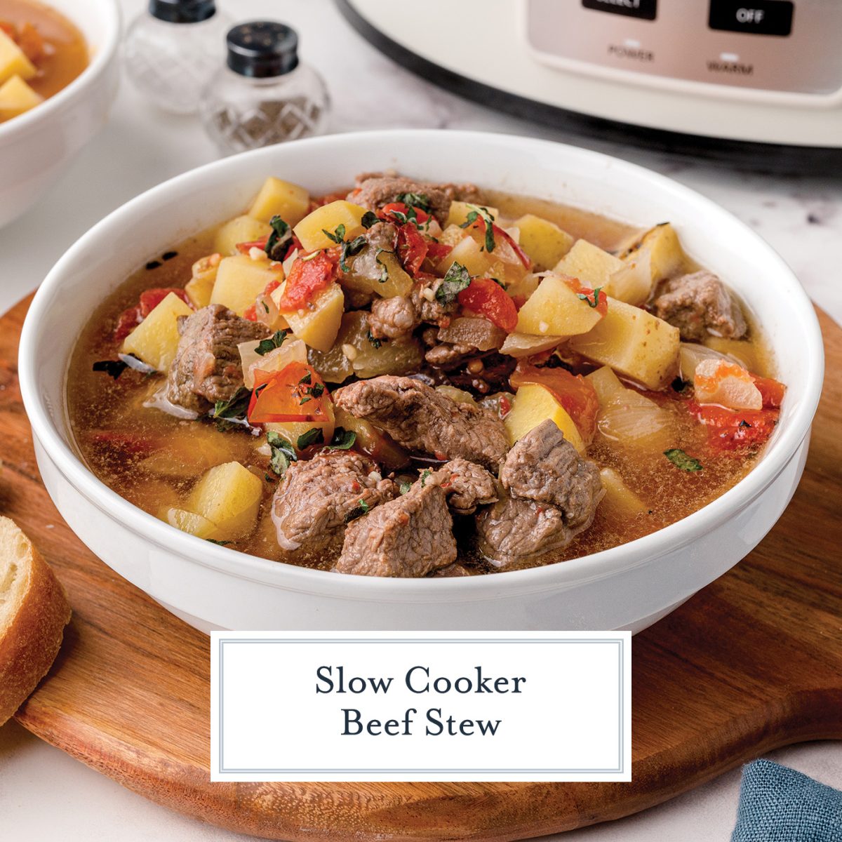 bowl of beef stew with text overlay for facebook