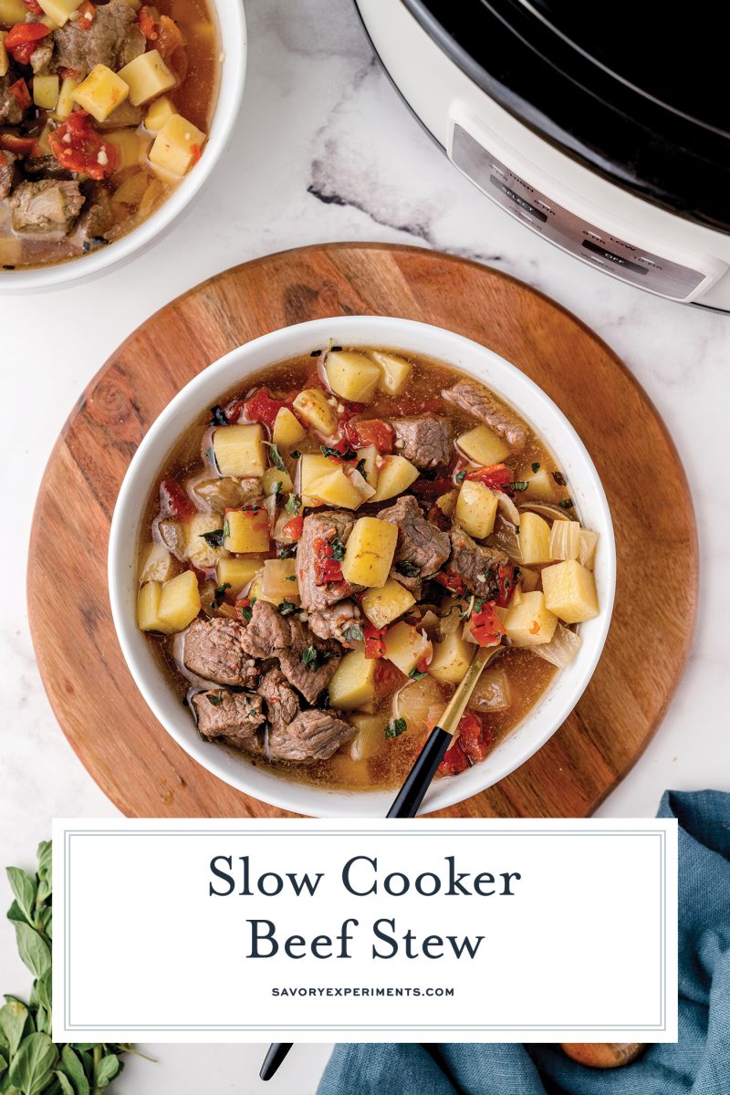 overhead shot of bowl of slow cooker beef stew with text overlay for pinterest