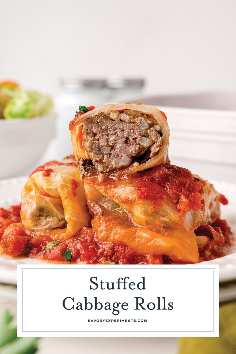 cabbage roll cut in half with text overlay for pinterest
