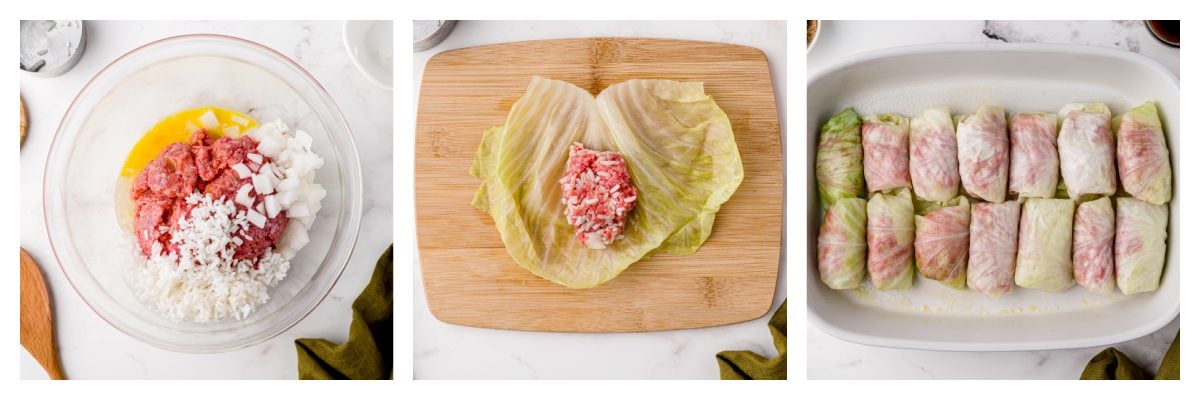collage of how to make stuffed cabbage rolls