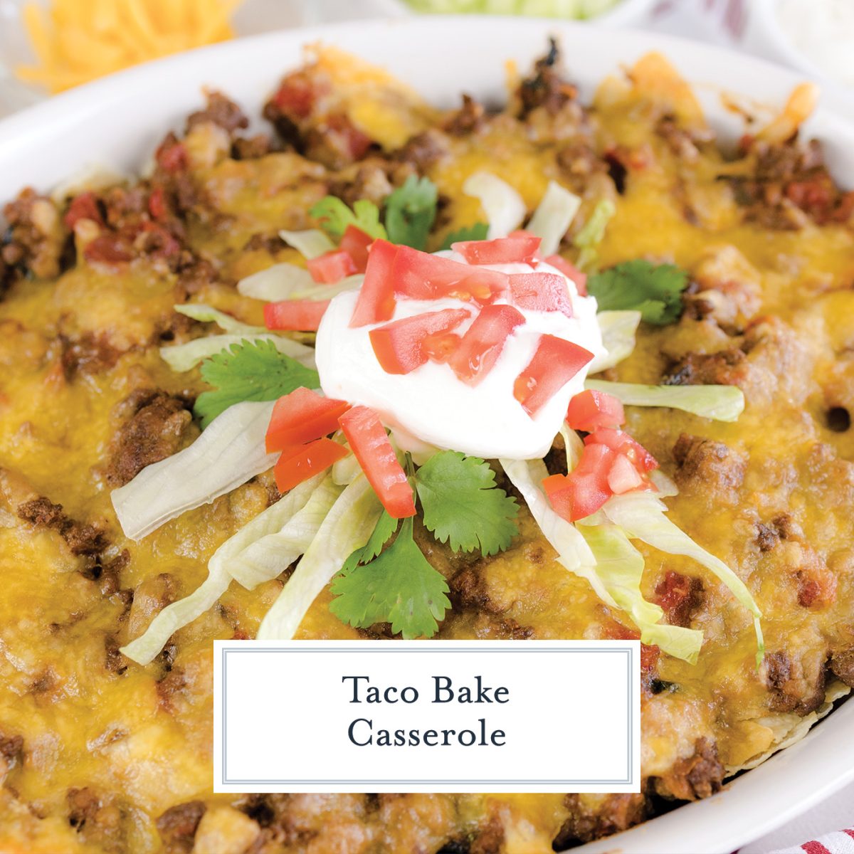 close up of sour cream, lettuce and tomato on a taco bake 