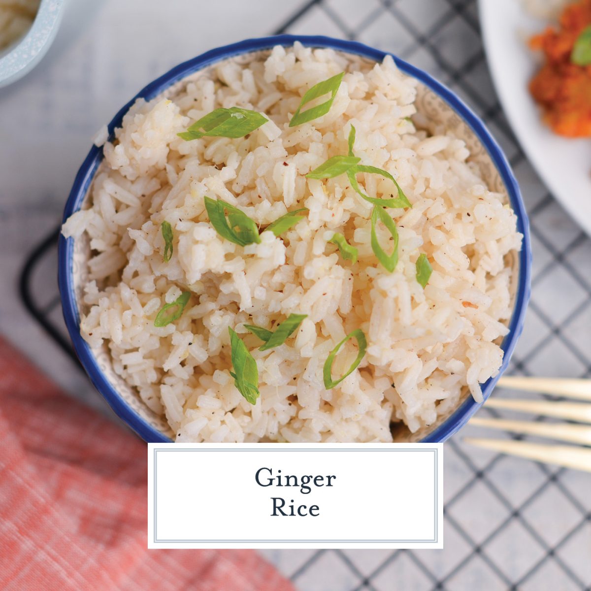 overhead of ginger rice with scallions in a blue bowl 