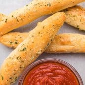 close up of garlic breadsticks