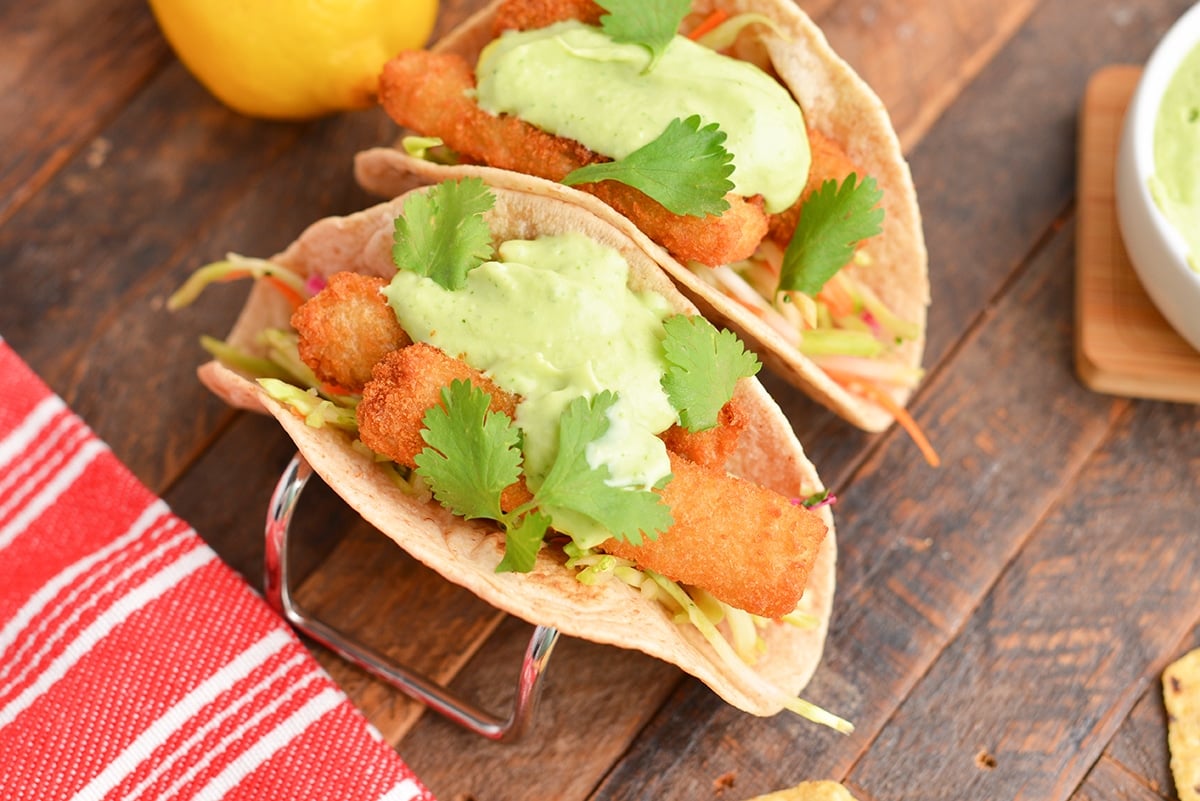 fish tacos with slaw and green goddess dressing