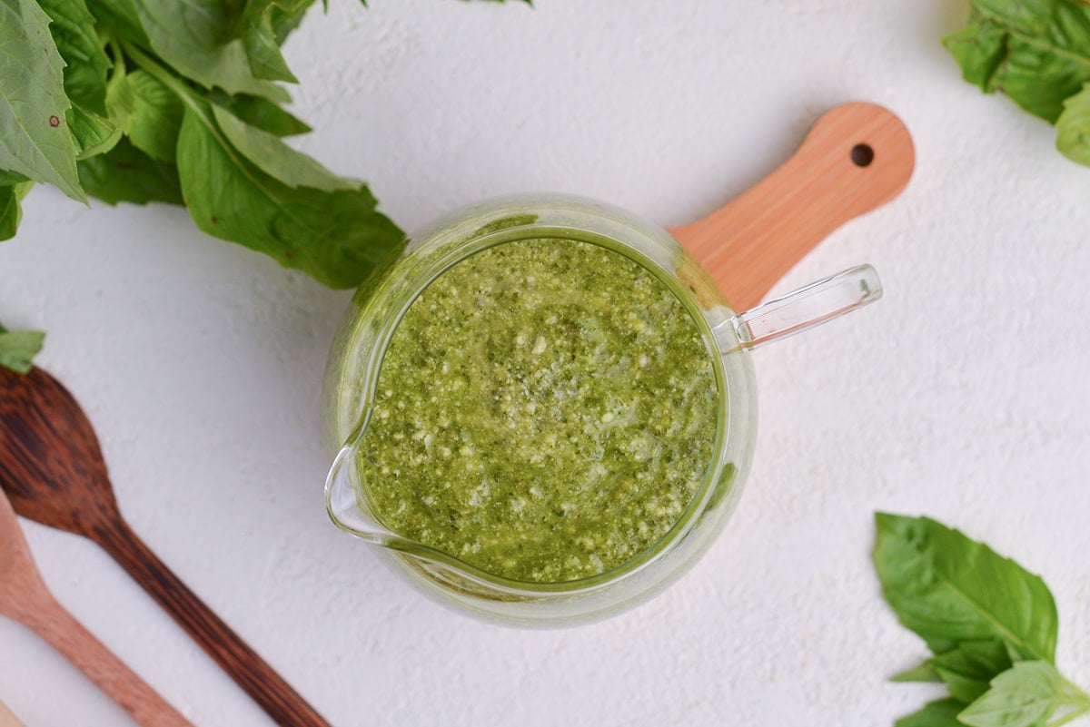 overhead shot of basil pesto sauce