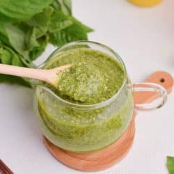 spoon in jar of basil pesto sauce