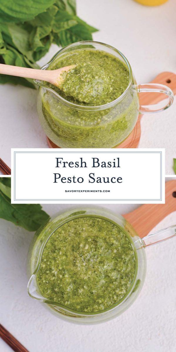 collage of basil pesto sauce for pinterest