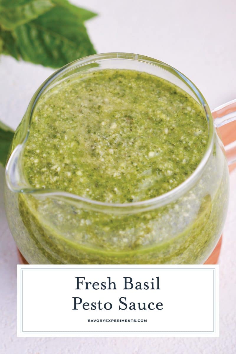jar of pesto sauce with text overlay for pinterest