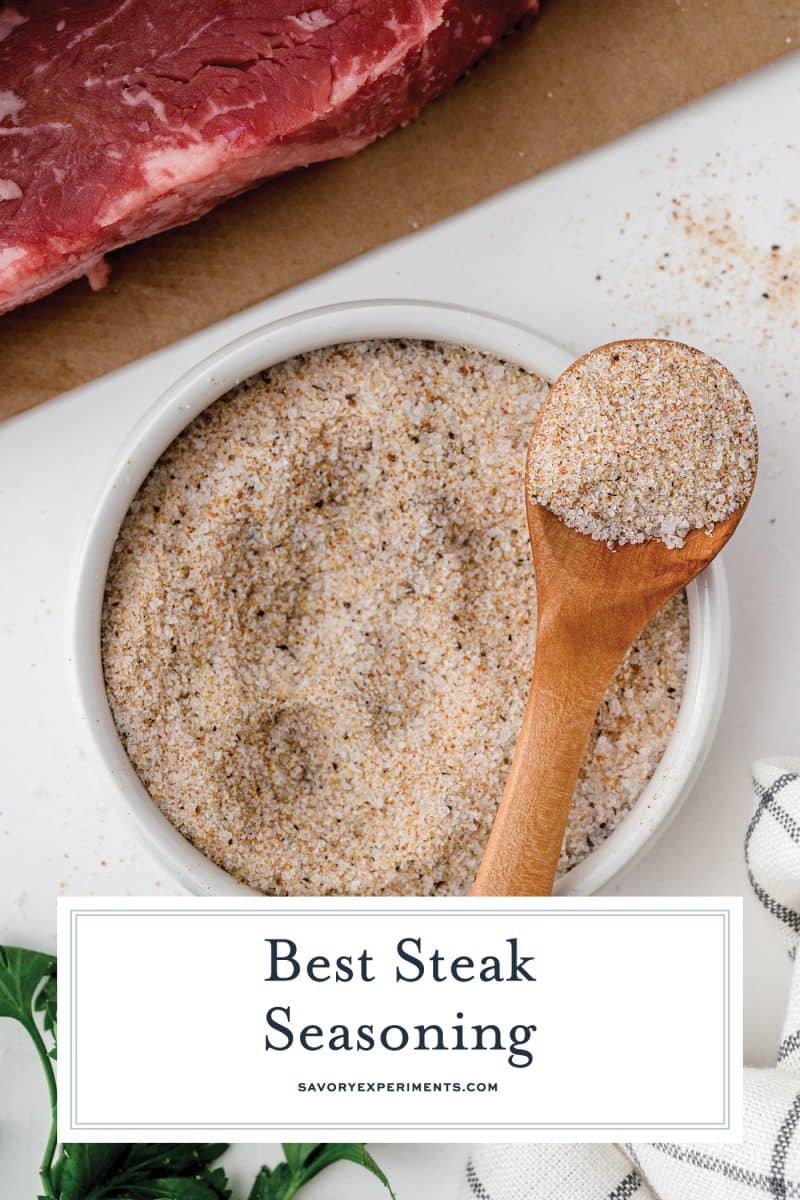 steak seasoning with wooden spoon with text overlay for pinterest