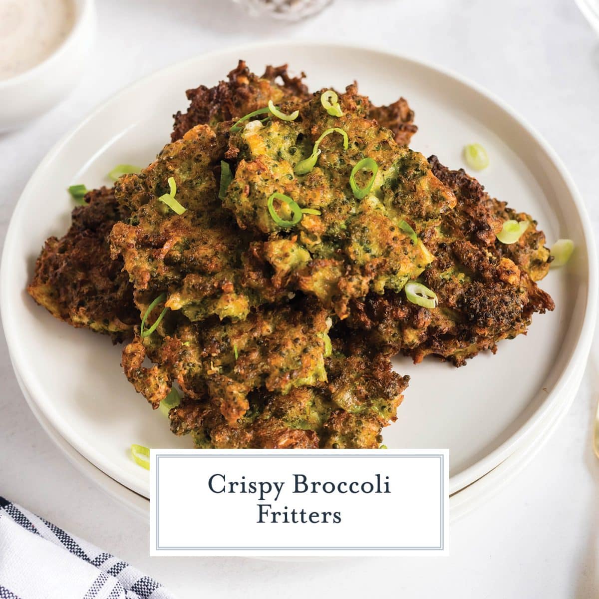 plate of broccoli fritters with text overlay for facebook