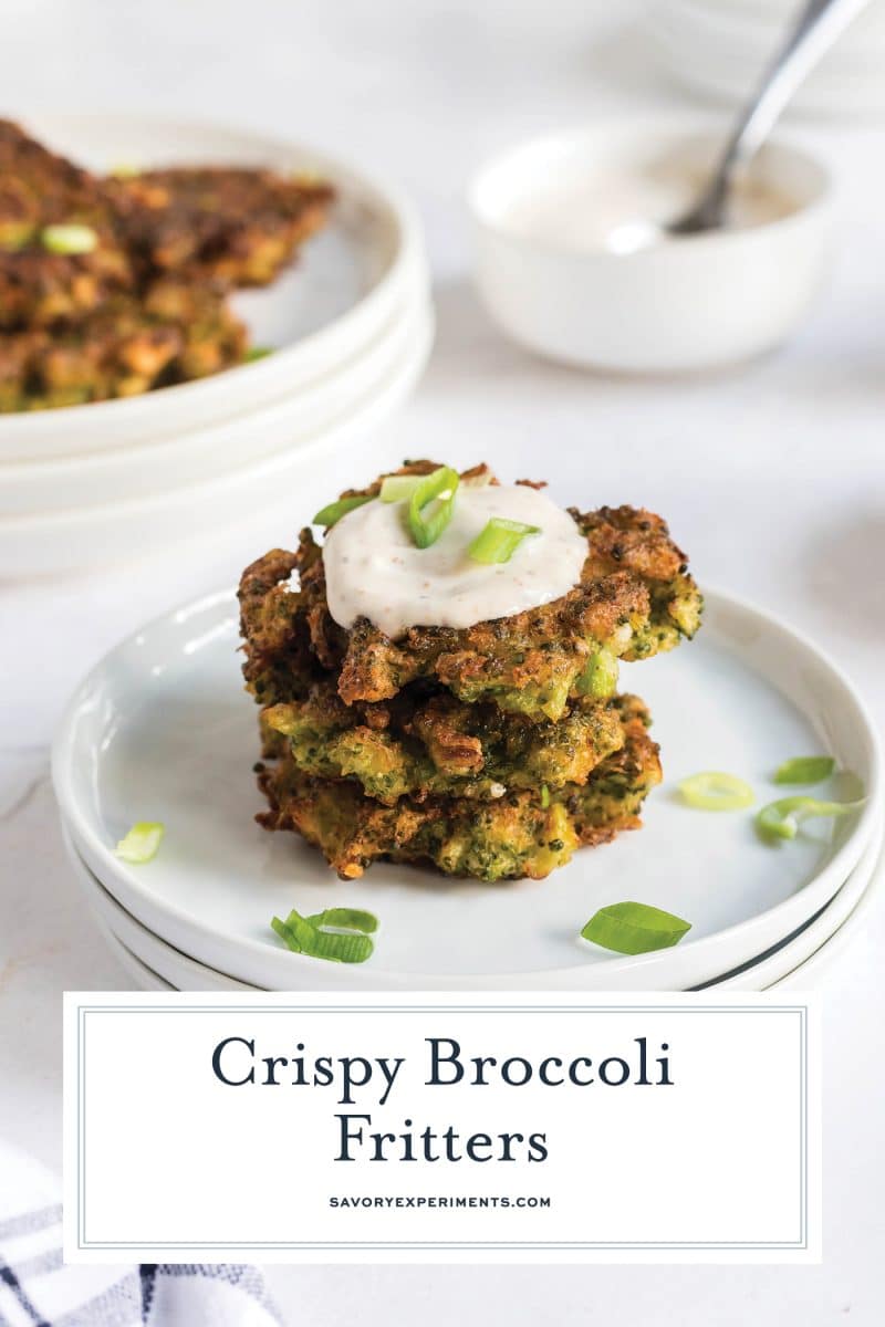 stack of broccoli fritters with text overlay for pinterest
