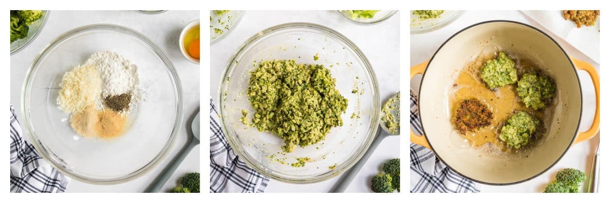 collage of how to make broccoli fritters