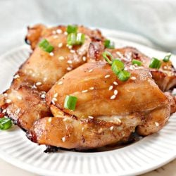 close up of chicken thighs on white plate