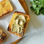 overhead shot of butter on bread