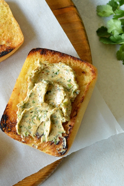 overhead shot of butter on bread