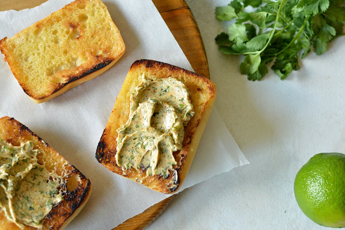 overhead shot of butter on bread