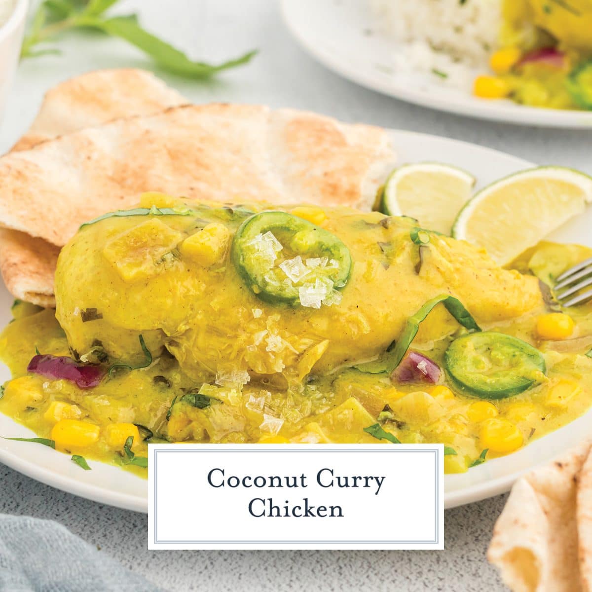 plate of coconut chicken curry with text overlay for facebook