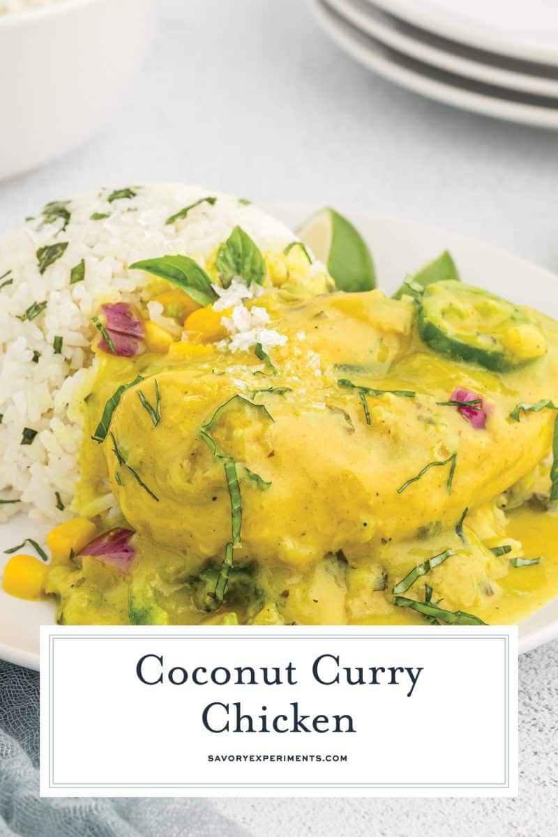 plate of coconut chicken curry with text overlay for pinterest