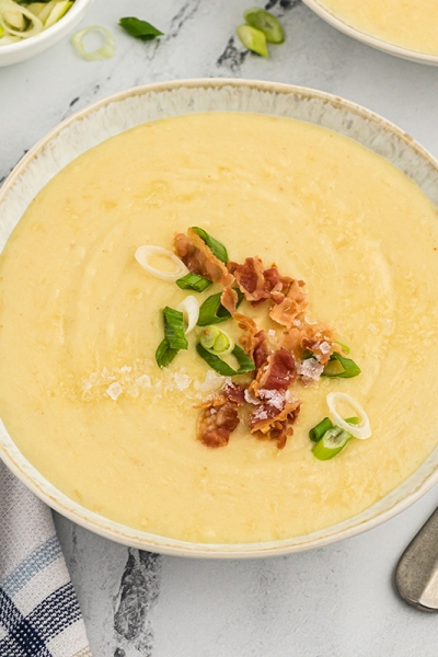 overhead shot of leek and potato soup