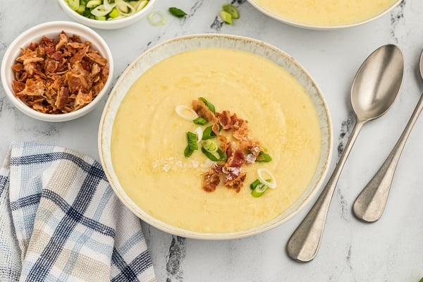 overhead shot of leek and potato soup