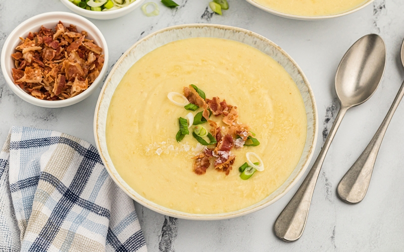 overhead shot of leek and potato soup