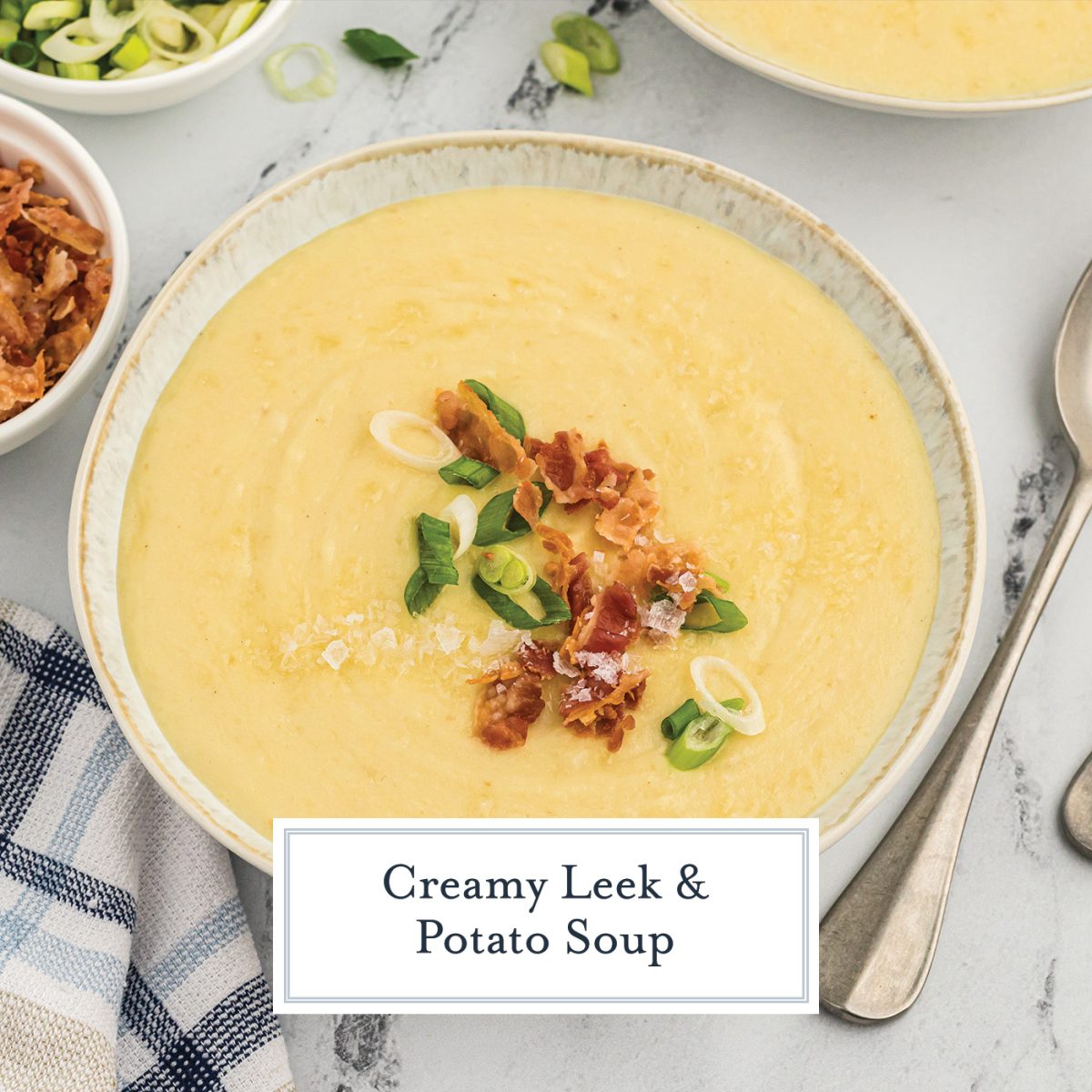 bowl of leek and potato soup with text overlay for facebook