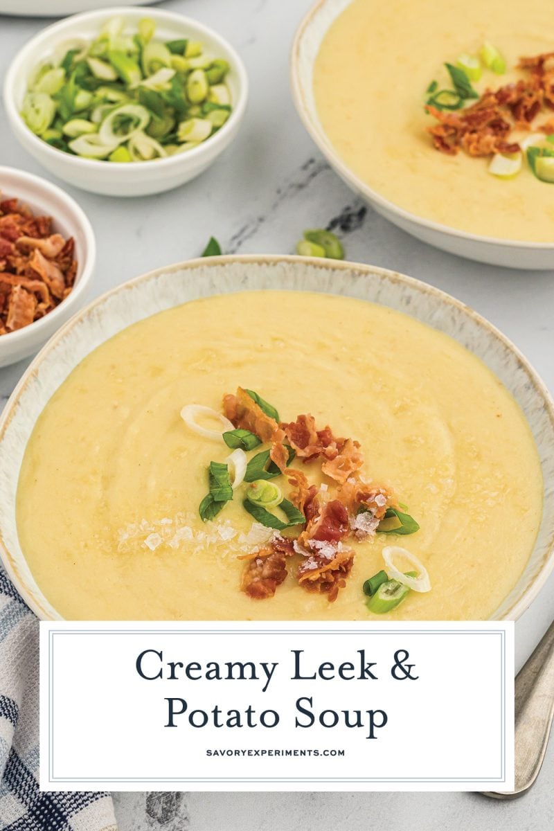 bowl of leek and potato soup with text overlay for pinterest