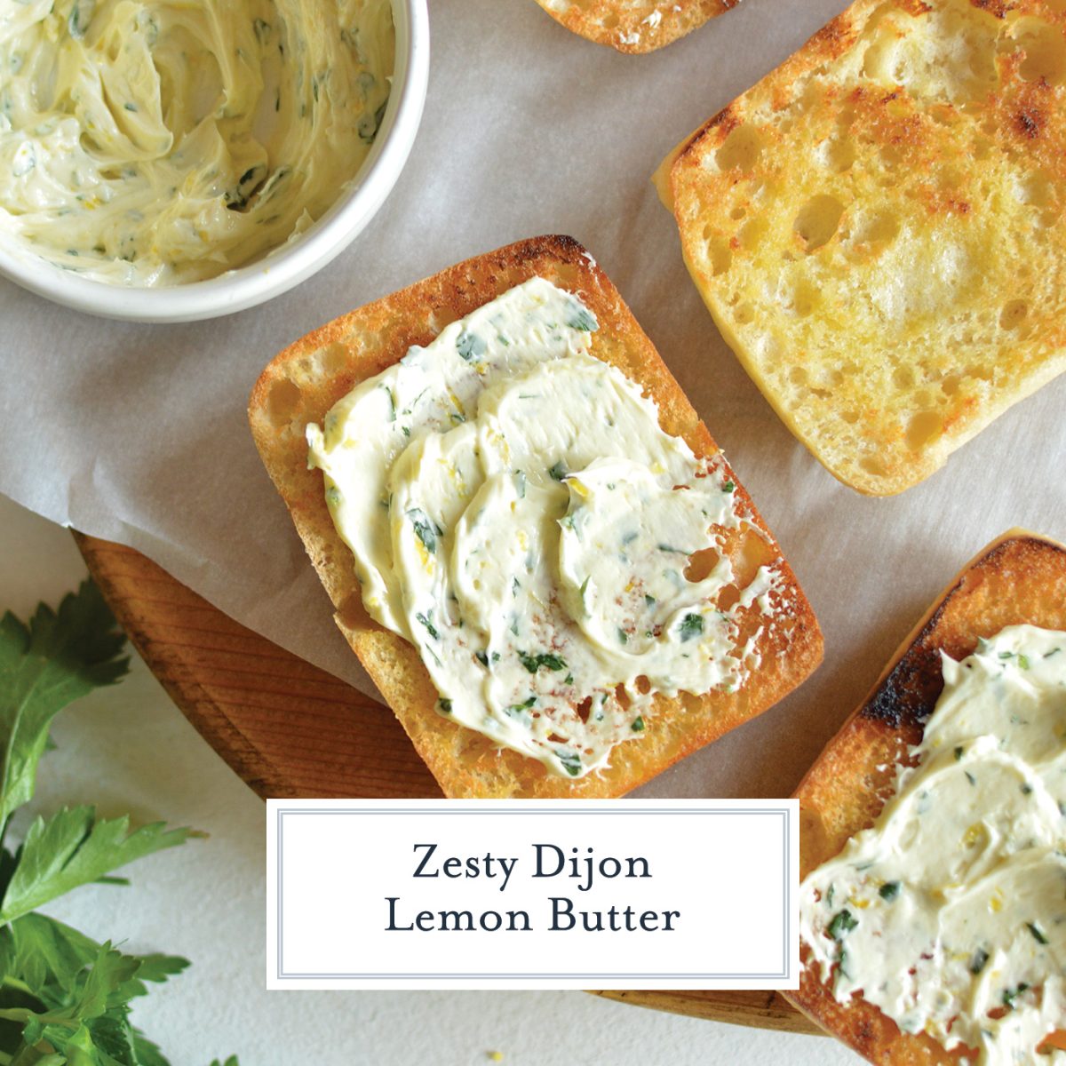 dijon lemon butter spread on bread with text overlay for facebook