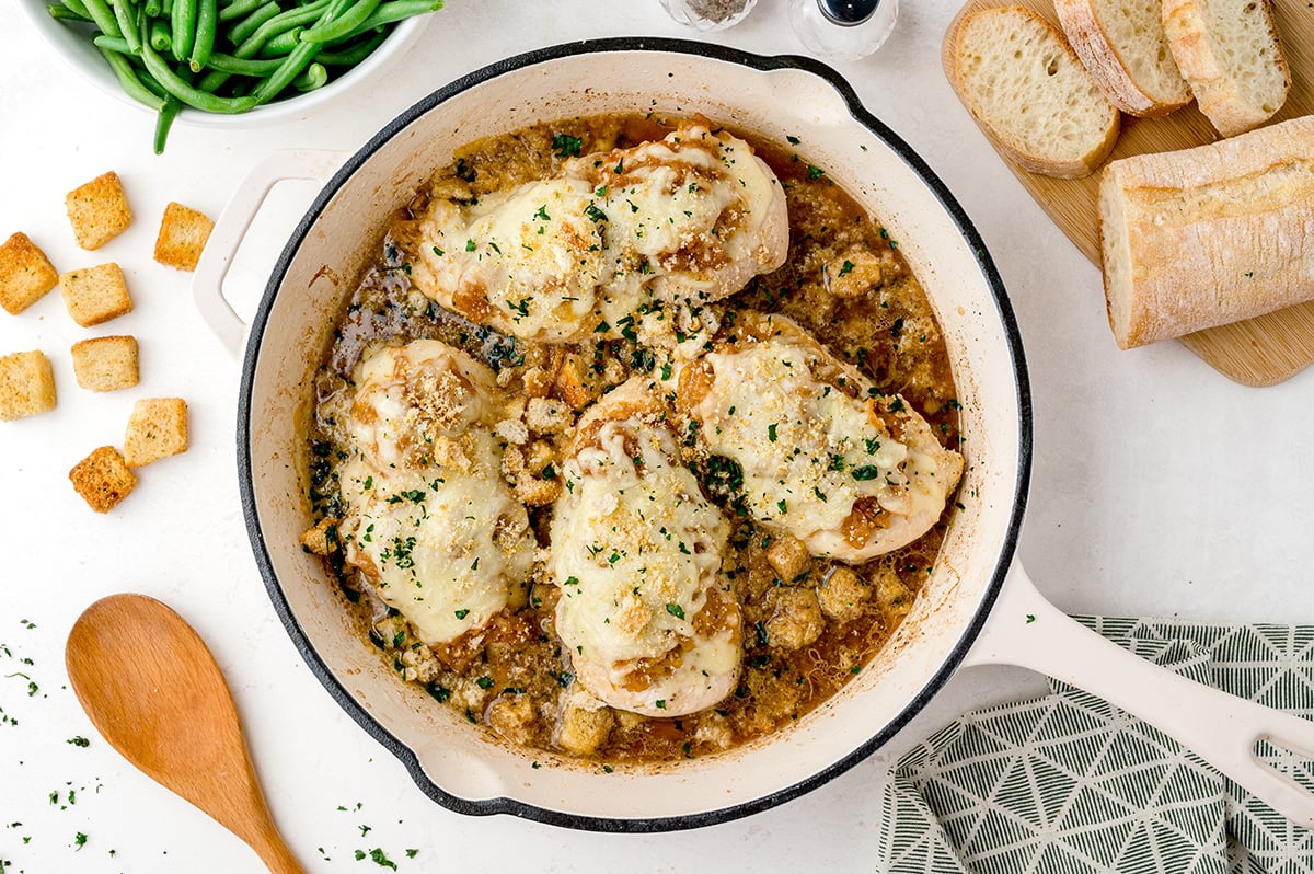 overhead shot of french onion chicken in a pan