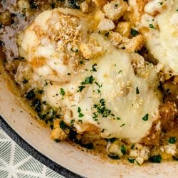 close up of french onion chicken bake in a pan