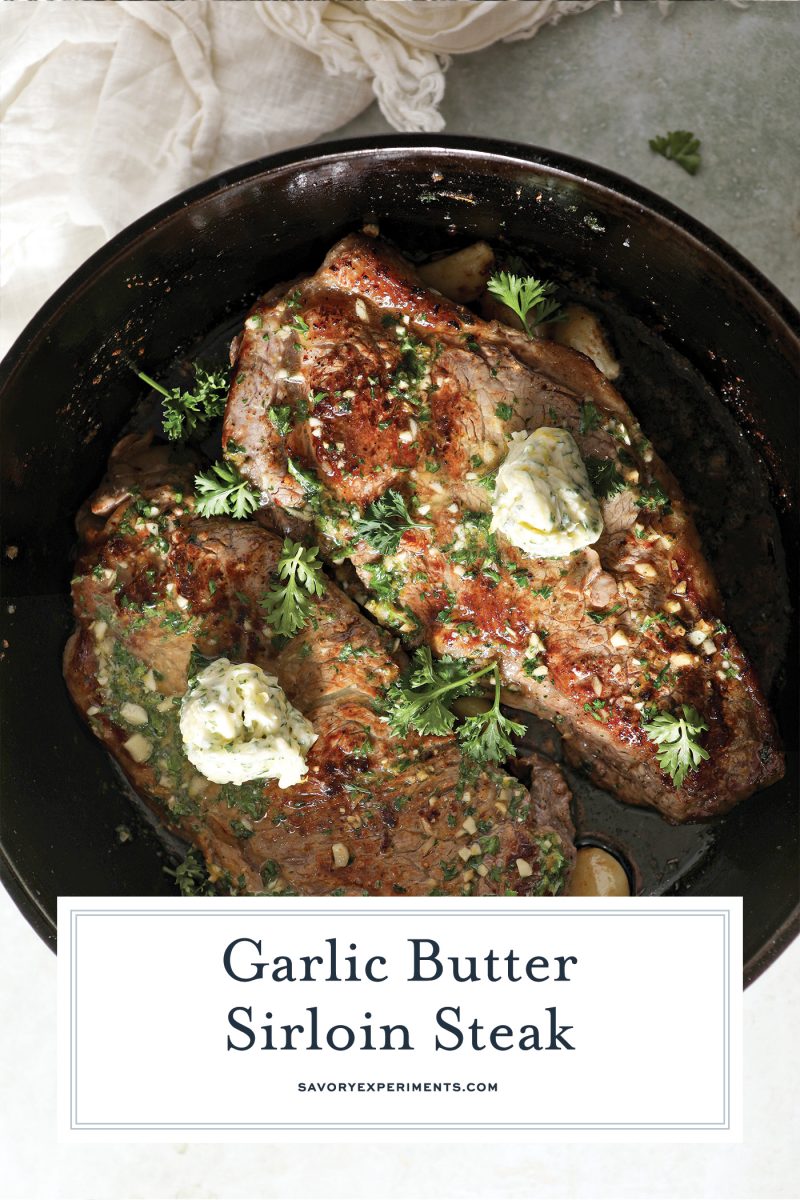 two steaks in a skillet with text overlay for pinterest