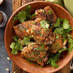 overhead shot of jerusalem chicken thighs