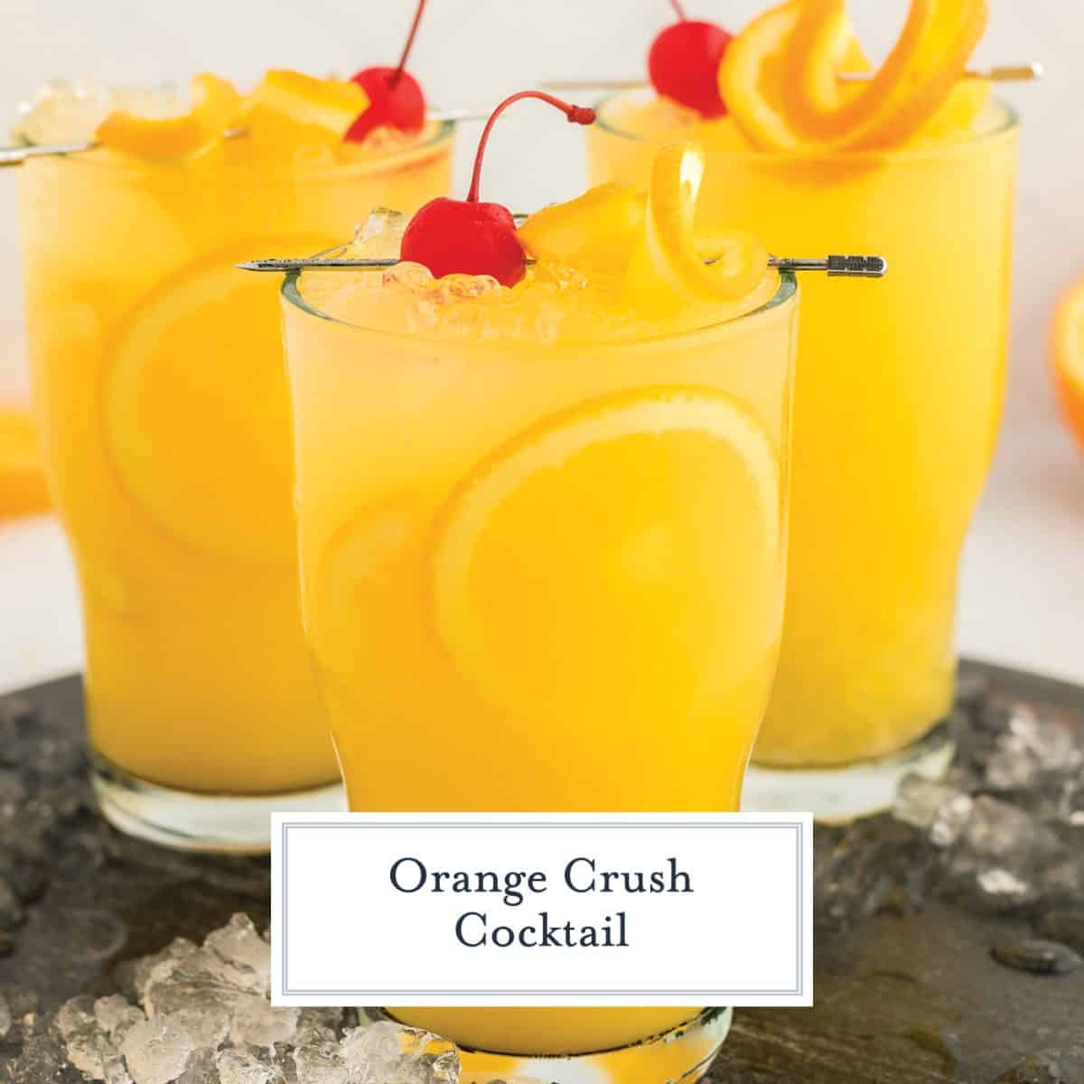 three orange crush cocktails with text overlay for facebook
