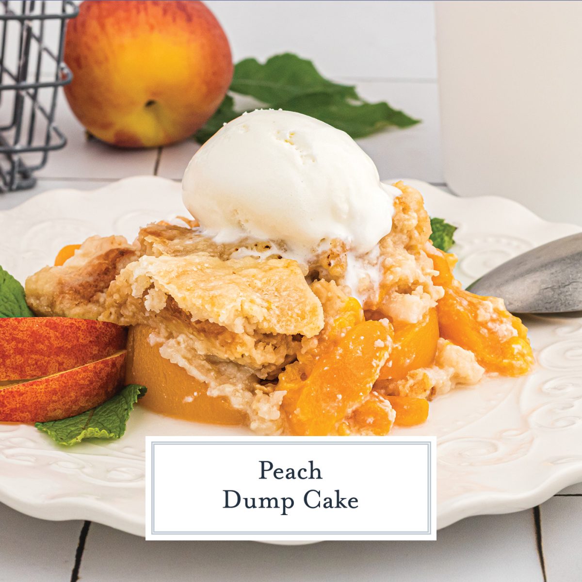 peach dump cake on a plate with text overlay for facebook